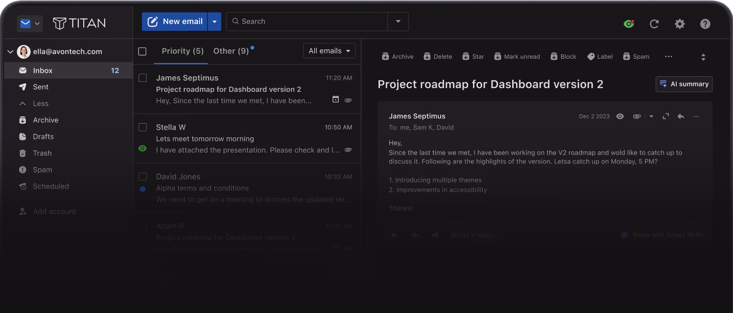 The Titan inbox on desktop