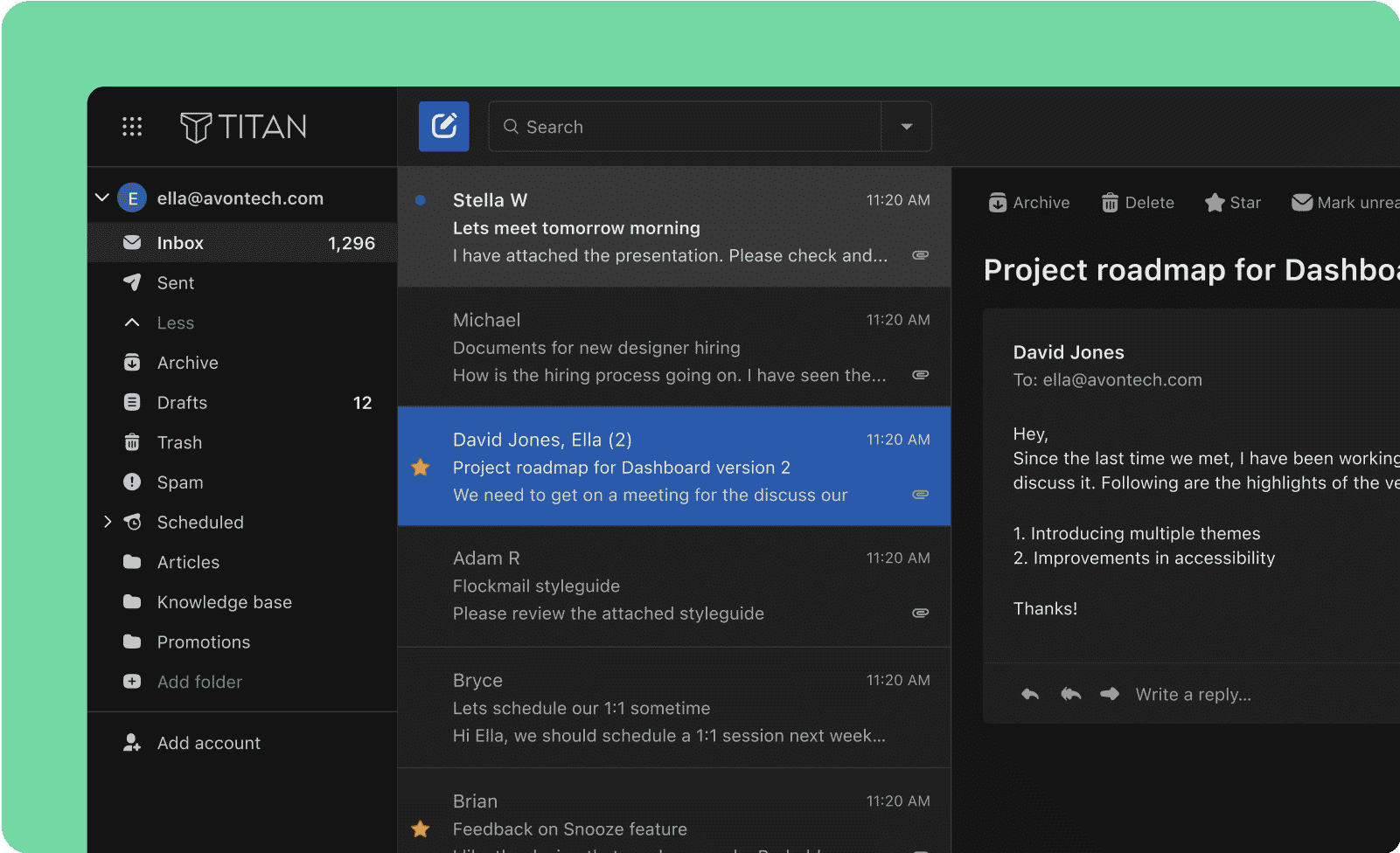 Graphite colors with emphasis on the email card list